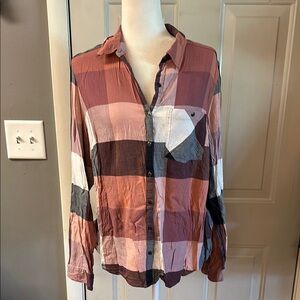 Maurices Pink and Gray Plaid Button Down Shirt